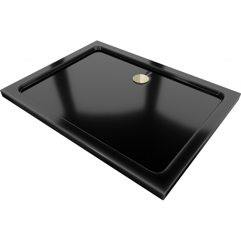 Mexen Flat rechthoekige douchebak slim 100 x 80 cm, zwart, gouden sifon - 40708010G