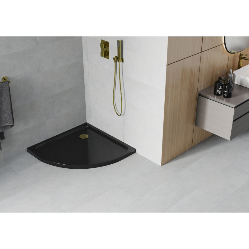Mexen Flat duši all, poolringikujuline, slim 90 x 90 cm, must, kuldne sifoon - 41709090G