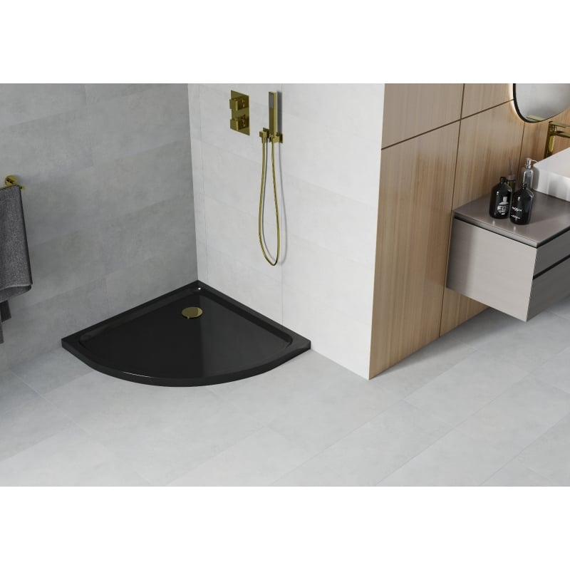 Mexen Flat semi-circular shower tray slim 90 x 90 cm, black, gold siphon - 41709090G