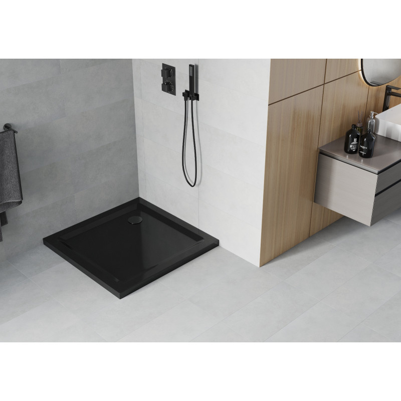 Mexen Flat quadratische Duschwanne Slim 80 x 80 cm, schwarz, schwarzer Siphon - 40708080B