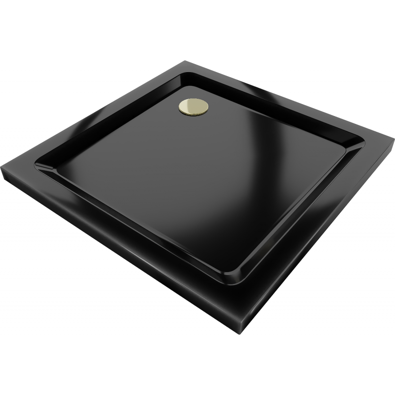 Mexen Flat slim vierkante douchebak 90 x 90 cm, zwart, gouden sifon - 40709090G