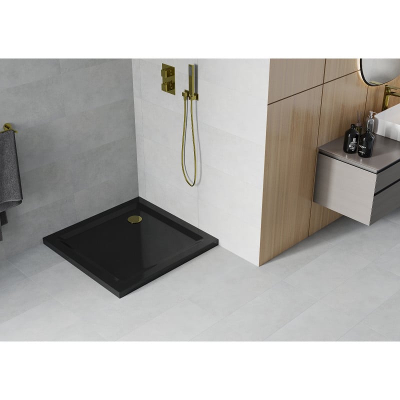 Mexen Flat quadratische Duschwanne Slim 90 x 90 cm, schwarz, goldener Siphon - 40709090G