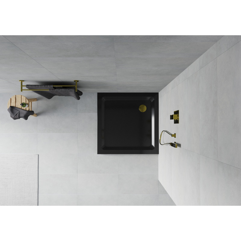 Mexen Flat slim vierkante douchebak 90 x 90 cm, zwart, gouden sifon - 40709090G