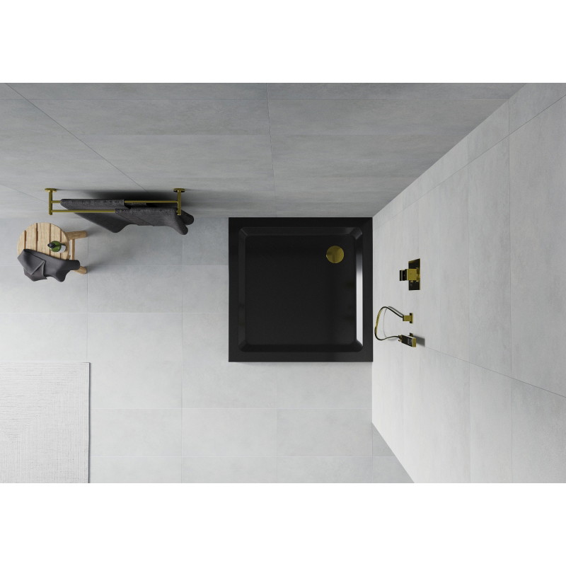 Mexen Flat kvadratna tuš kada slim 80 x 80 cm, crna, sifon zlatni - 40708080G