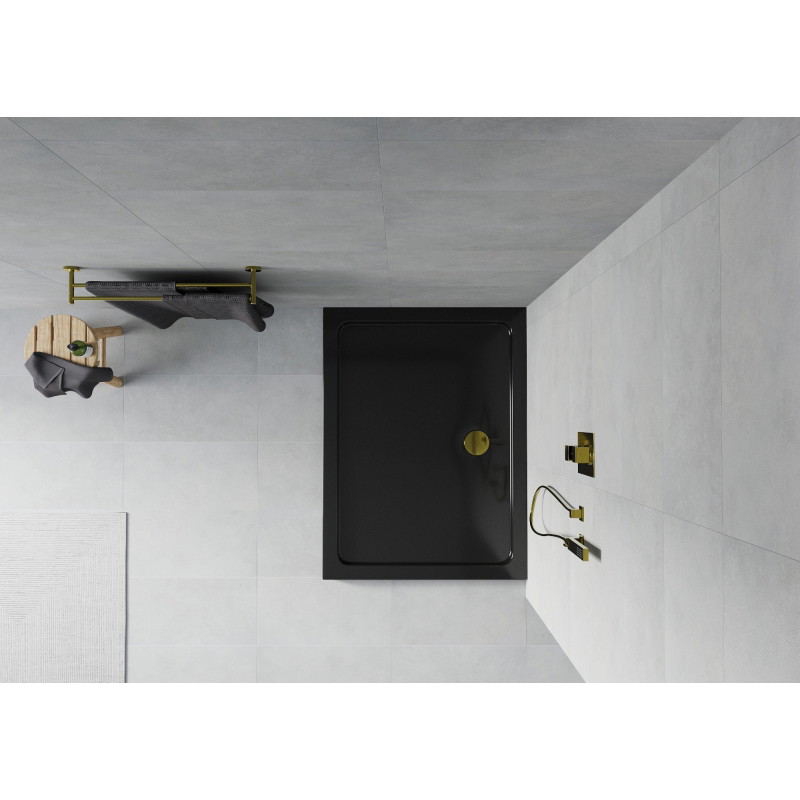Mexen Flat rectangular slim shower tray 120 x 90 cm, black, gold siphon - 40709012G