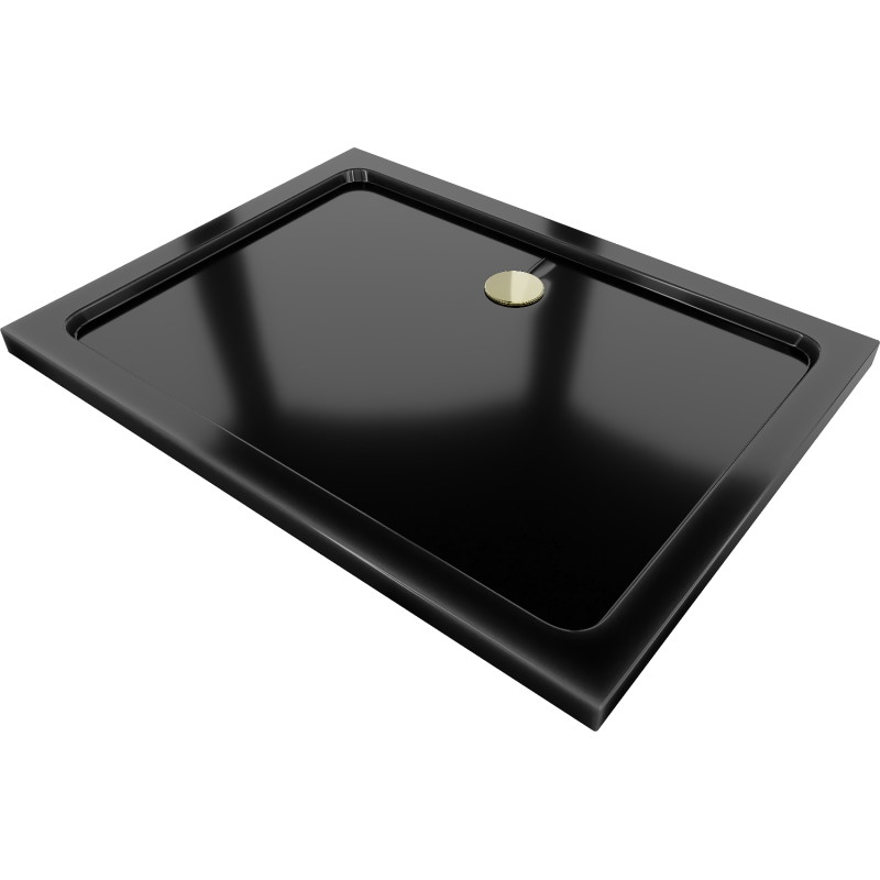 Mexen Flat rectangular slim shower tray 120 x 90 cm, black, gold siphon - 40709012G