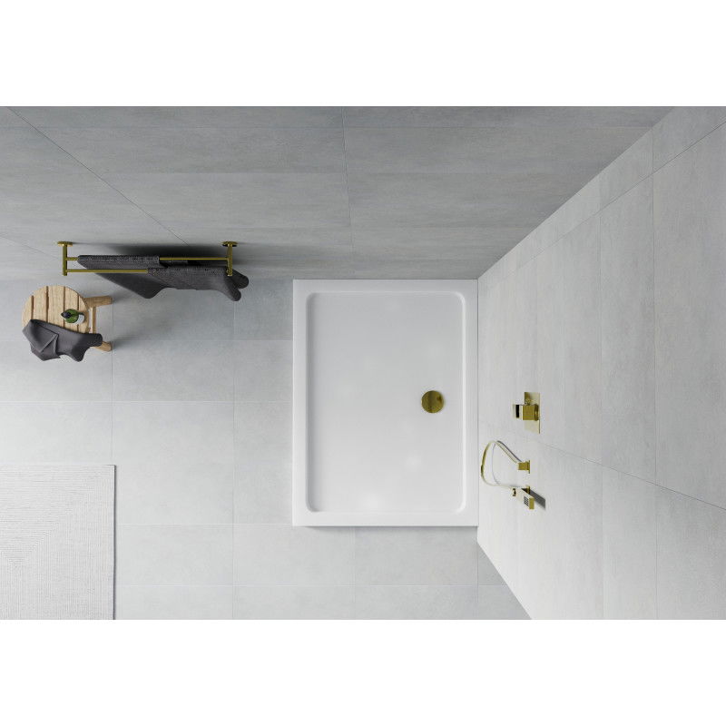 Mexen Flat Rechteckeger Duschtasse slim 80 x 70 cm, wäiss, Siphon gëllen - 40107080G