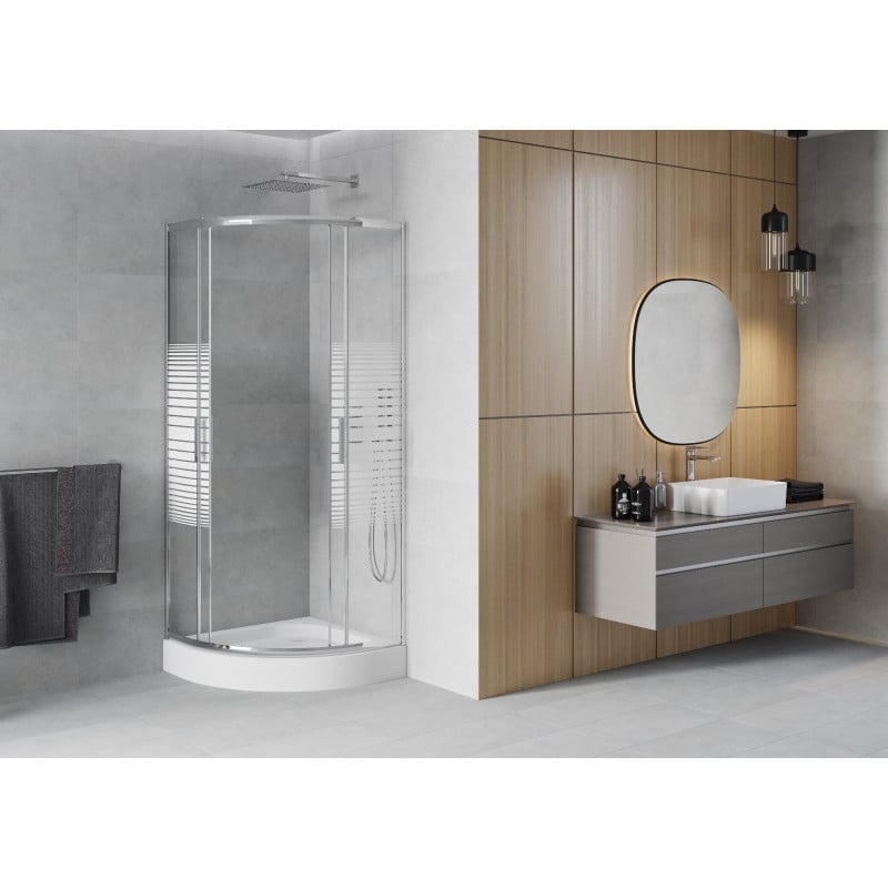 Mexen Rio 90 x 90 cm semi-circular shower cabin, white stripes, chrome + tray, white - 863-090-090-01-20-4710