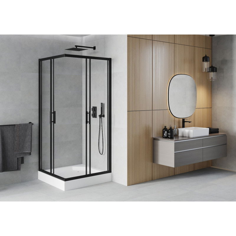 Mexen Rio square shower enclosure 90 x 90 cm, transparent, black + Rio shower tray, white - 860-090-090-70-00-4510