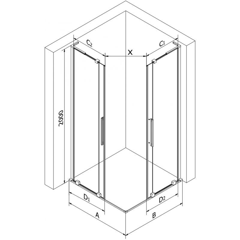 Mexen Velar L Dvojna drsna tuš kabina 90 x 80 cm, zmrzal, krom - 871-090-080-02-33-01