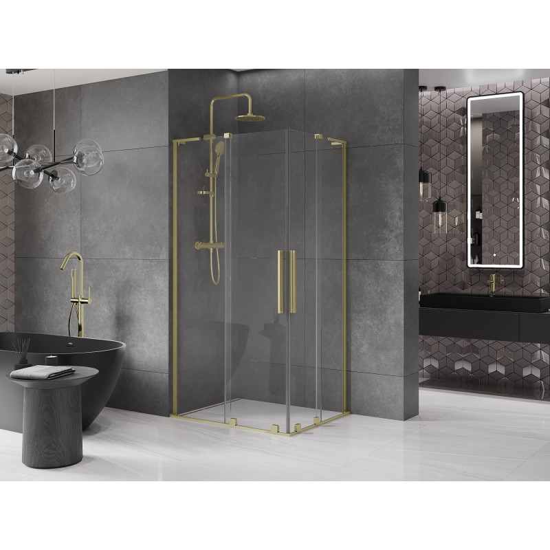 Mexen Velar L Duo klizni tuš kabina na klizanje 90 x 80 cm, prozirna, zlatna četkana - 871-090-080-02-03-55