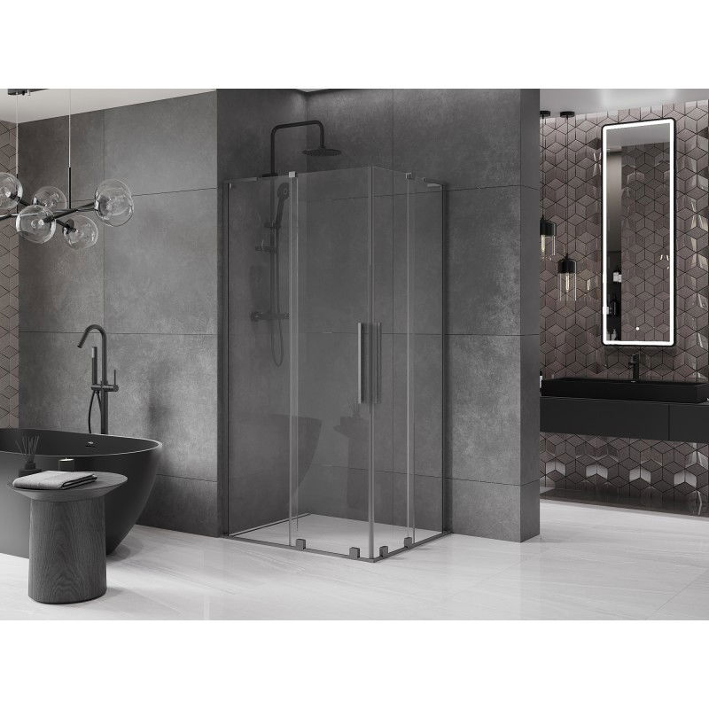 Mexen Velar L Duo cabina doccia scorrevole 90 x 80 cm, trasparente, grigio canna di fucile spazzolato - 871-090-080-02-03-66