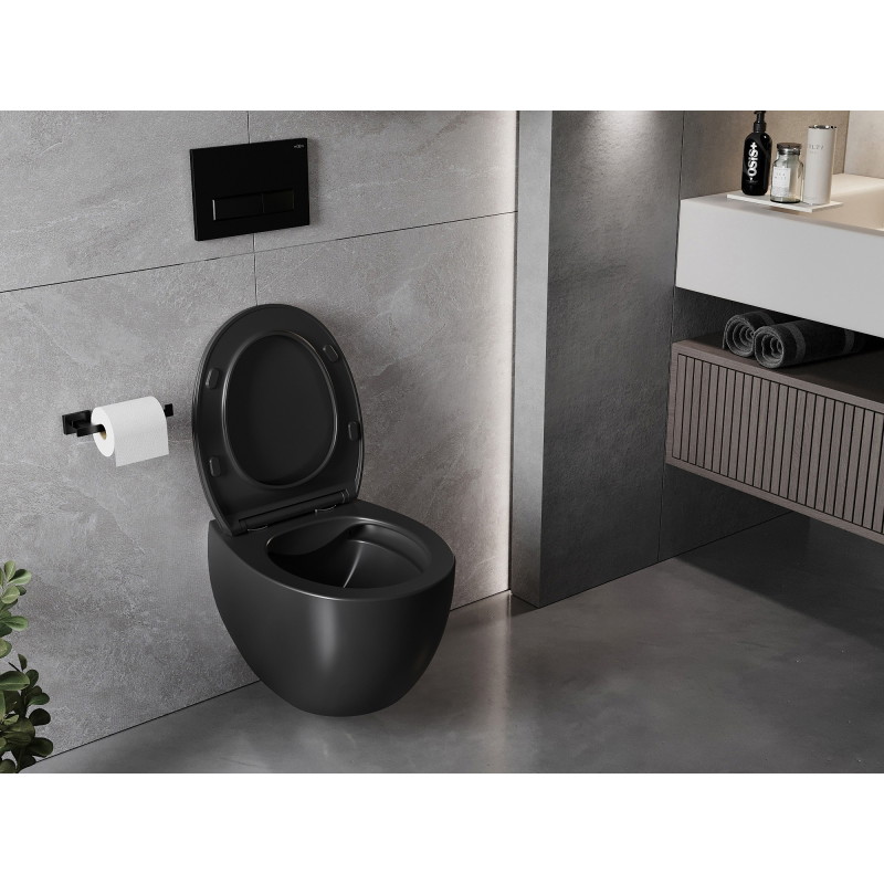 Mexen Egg wc-pott Rimless, aeglaselt sulguva slim-kaanega, duroplast, must matt - 30245070