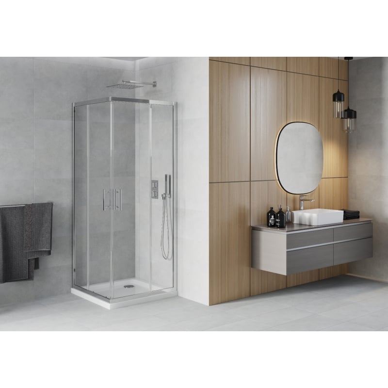 Mexen Rio kvadratna tuš kabina 80 x 80 cm, prozirna, krom + plitki tuš, bijela - 860-080-080-01-00-4010