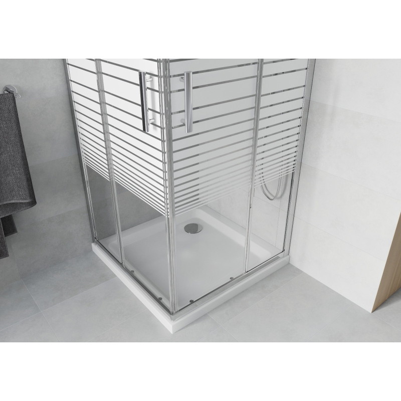 Mexen Rio ruudukujuline dušikabiin 80 x 80 cm, valged triibud, kroom + Flat dušialus, valge - 860-080-080-01-20-4010