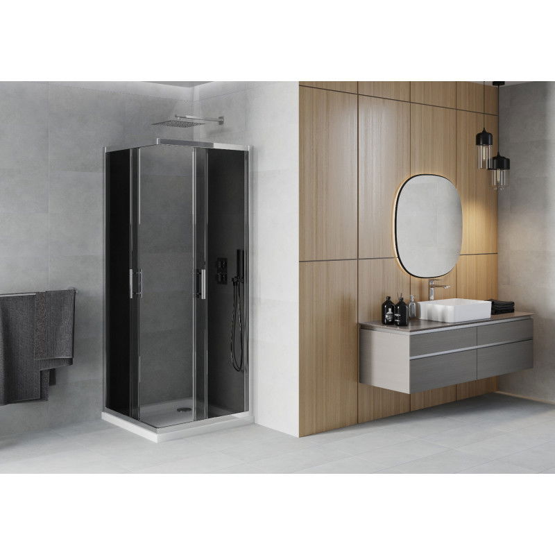 Mexen Rio Quadratesch Duschkabinn 80 x 80 cm, Grafit, Chrom + Flat Duschwannd, wäiss - 860-080-080-01-40-4010