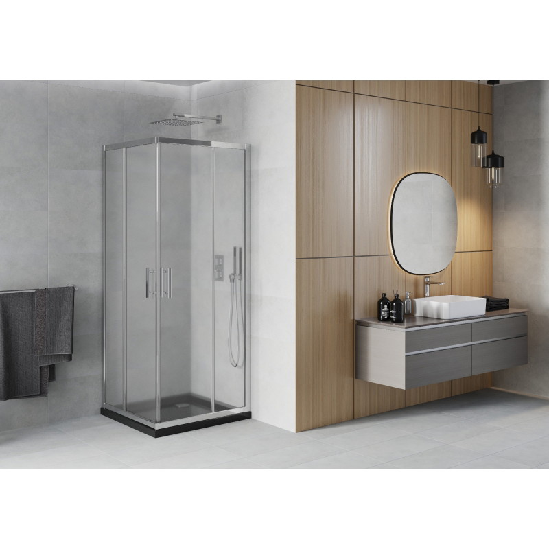 Mexen Rio square shower cabin 80 x 80 cm, frost, chrome + Flat shower tray, black - 860-080-080-01-30-4070