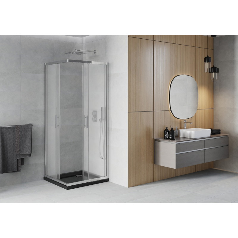 Mexen Rio square shower cabin 80 x 80 cm, frost, chrome + Flat shower tray, black - 860-080-080-01-30-4070