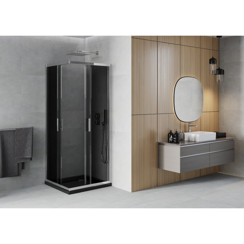 Mexen Rio cabine de douche carrée 90 x 90 cm, graphite, chrome + receveur Flat, noir - 860-090-090-01-40-4070