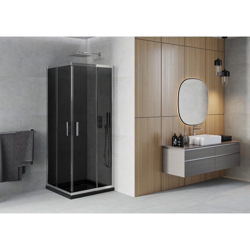 Mexen Rio 90 x 90 cm Square Shower Cabin, Graphite, Chrome + Flat Tray, Black - 860-090-090-01-40-4070