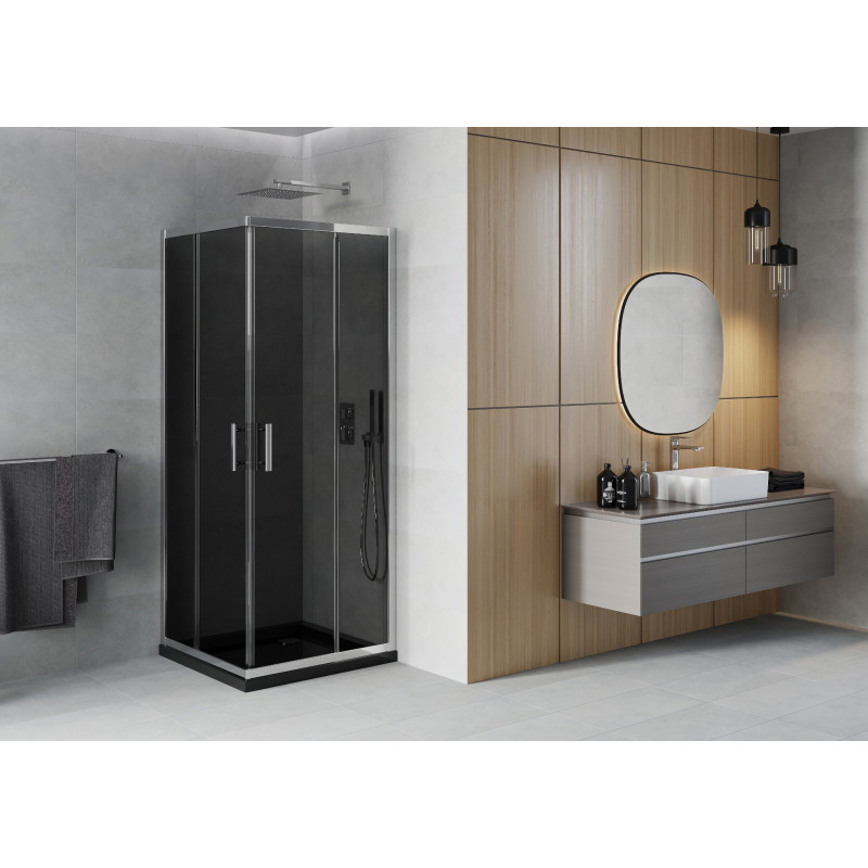 Mexen Rio vierkante douchecabine 90 x 90 cm, grafiet, chroom + Flat douchebak, zwart - 860-090-090-01-40-4070