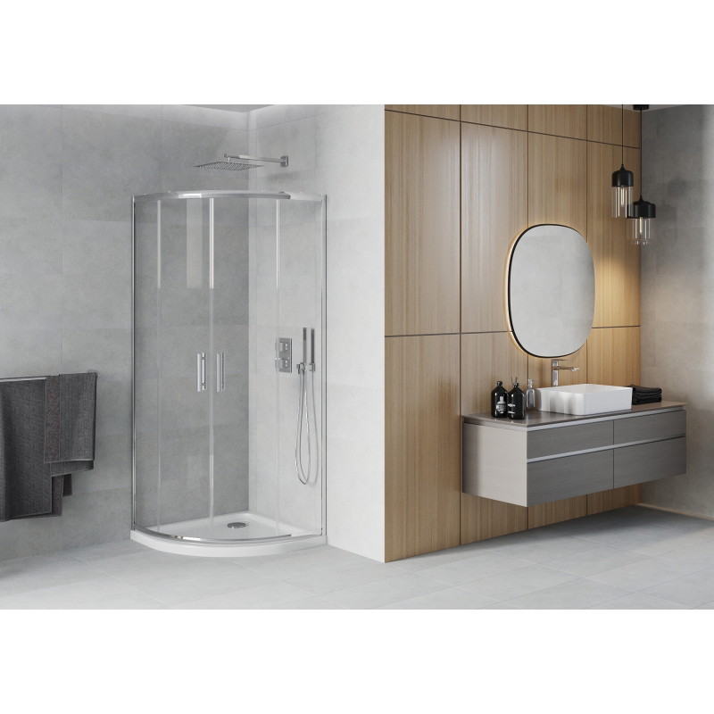 Mexen Rio dušinurk poolringikujuline 90 x 90 cm, läbipaistev, kroom + Flat alus, valge - 863-090-090-01-00-4110