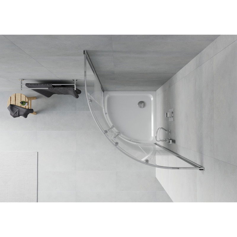 Mexen Rio cabine de douche semi-circulaire 90 x 90 cm, bandes blanches, chrome + receveur Flat, blanc - 863-090-090-01-20-4110