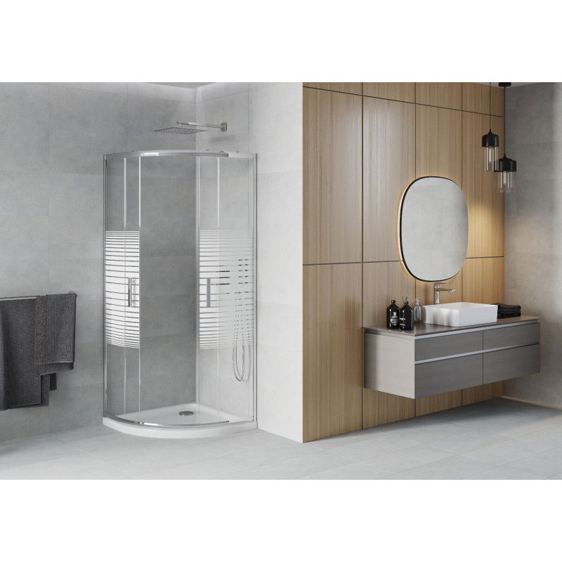 Mexen Rio cabine de douche semi-circulaire 90 x 90 cm, bandes blanches, chrome + receveur Flat, blanc - 863-090-090-01-20-4110