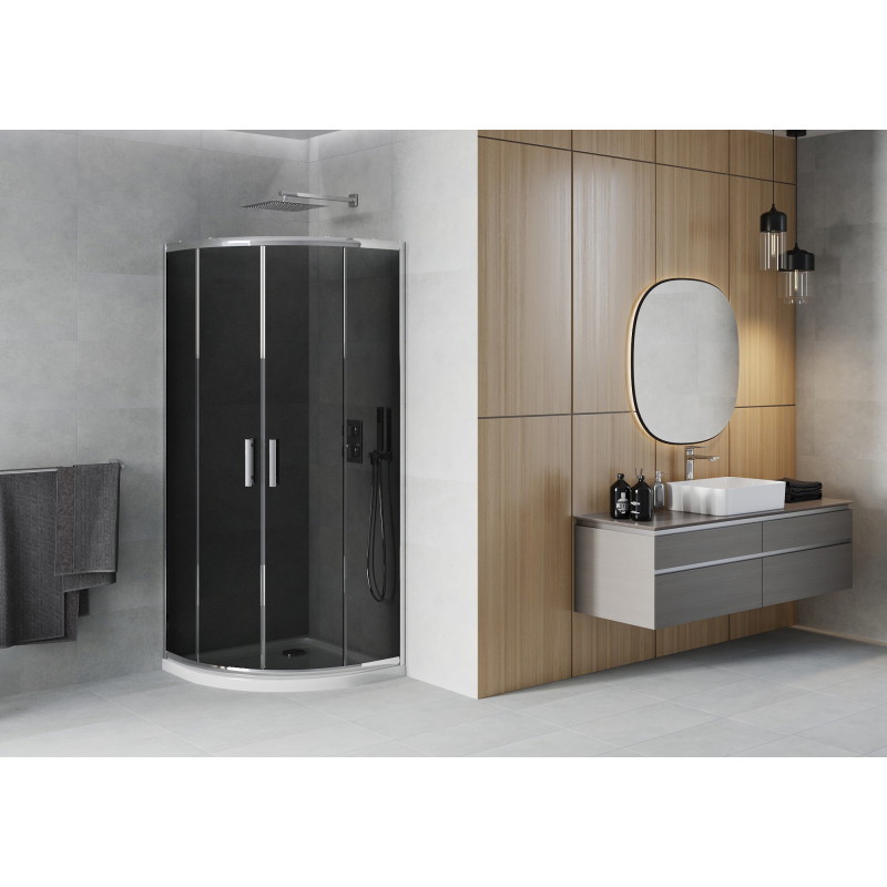 Mexen Rio cabina de ducha semicircular 90 x 90 cm, grafito, cromo + plato Flat, blanco - 863-090-090-01-40-4110