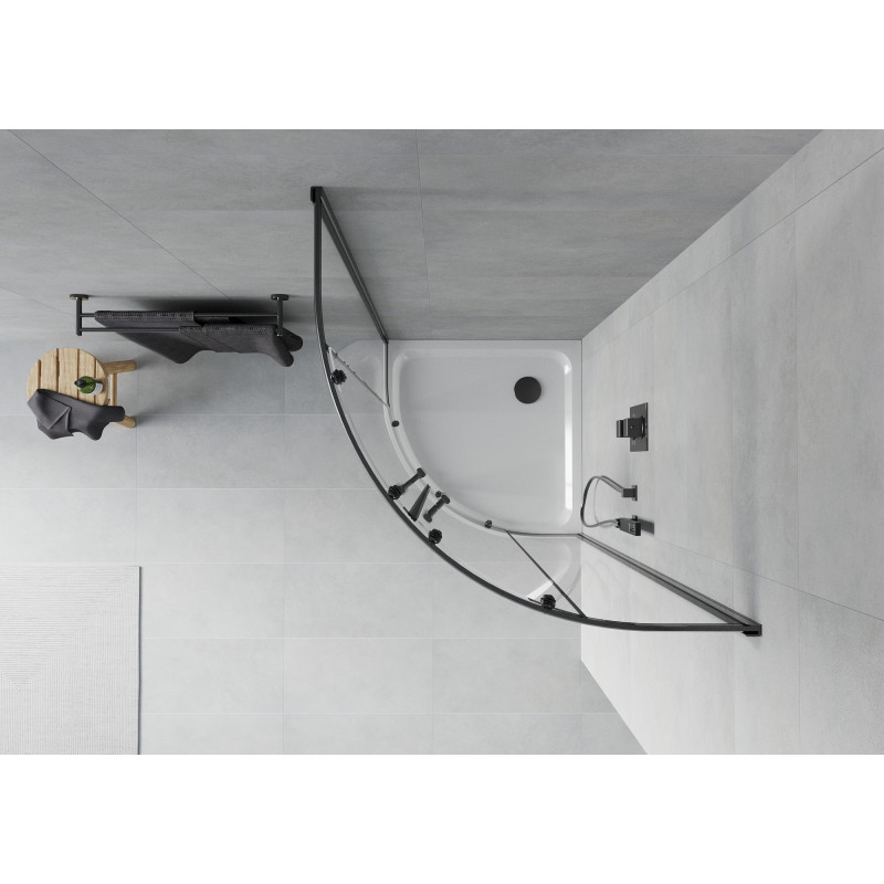 Mexen Rio polkrožna tuš kabina 90 x 90 cm, prozorna, črna + tuš kad Flat, bela - 863-090-090-70-00-4110B