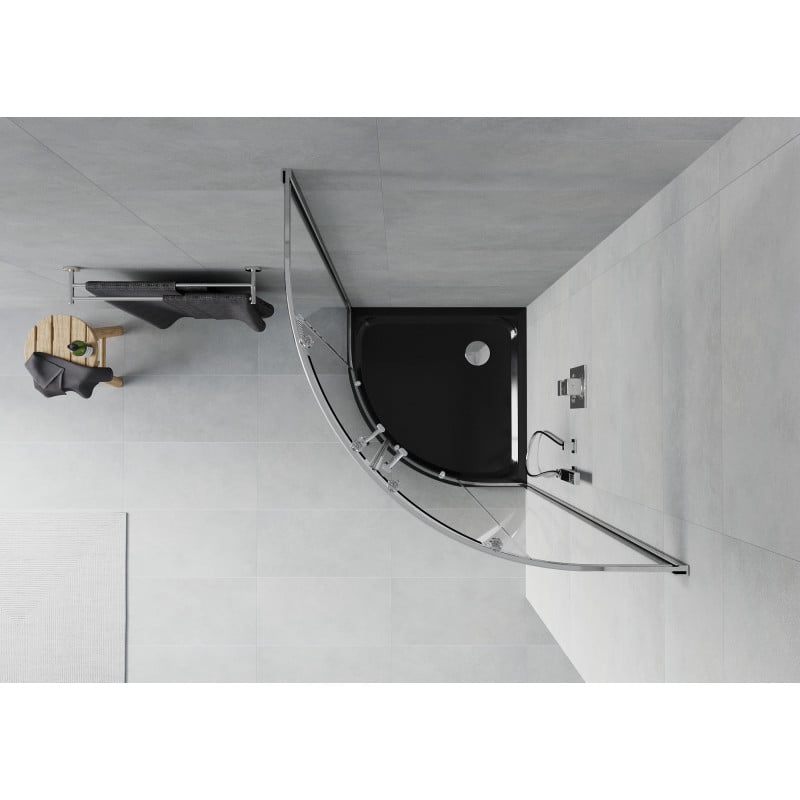 Mexen Rio Duschkabine halbrund 80 x 80 cm, transparent, Chrom + Duschwanne Flat, schwarz - 863-080-080-01-00-4170