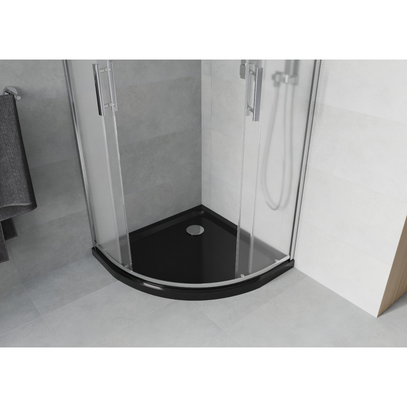 Mexen Rio Halbrunde Duschkabine 80 x 80 cm, Frost, Chrom + Duschwanne Flat, Schwarz - 863-080-080-01-30-4170