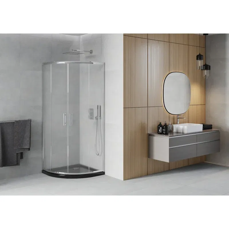 Mexen Rio Duschkabine halbrund 80 x 80 cm, Frost, Chrom + Duschwanne Flat, schwarz - 863-080-080-01-30-4170