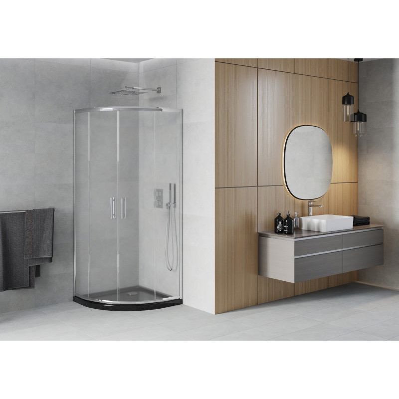 Mexen Rio Halbrunde Duschkabine 80 x 80 cm, Frost, Chrom + Duschwanne Flat, Schwarz - 863-080-080-01-30-4170