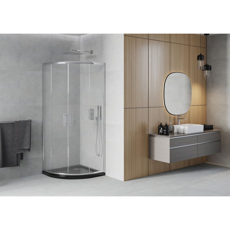 Mexen Rio Duschkabine halbrund 90 x 90 cm, matt, Chrom + Flat Duschwanne, schwarz - 863-090-090-01-30-4170
