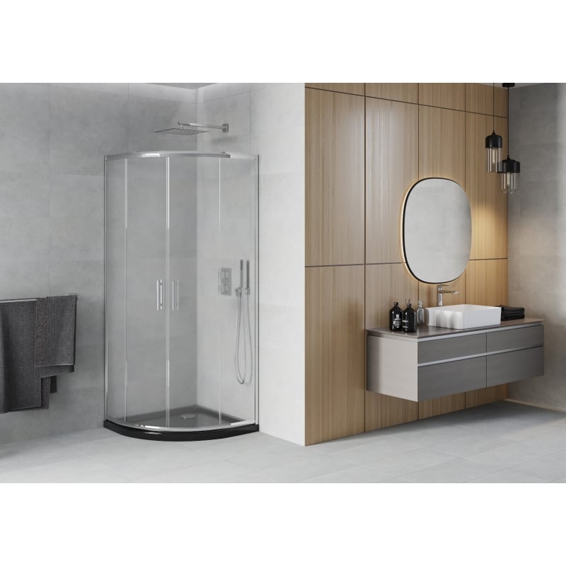 Mexen Rio poolringikujuline dušinurk 90 x 90 cm, härmatis, kroom + must Flat alus - 863-090-090-01-30-4170