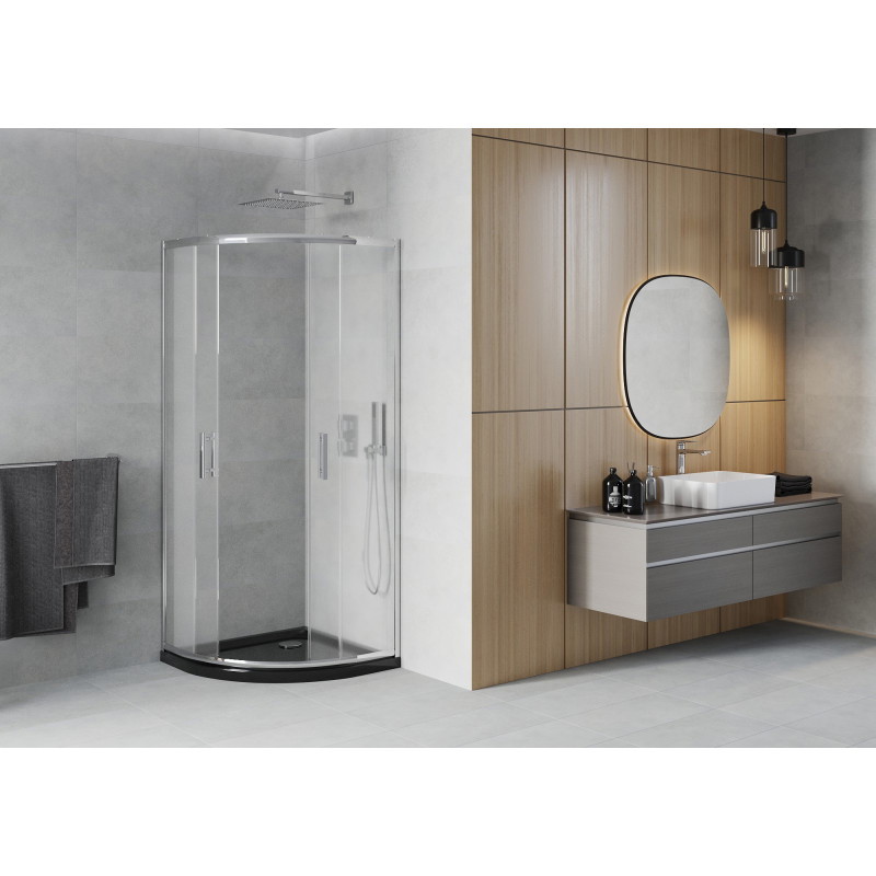 Mexen Rio halbkreisförmige Duschkabine 90 x 90 cm, Mattglas, Chrom + Flat Duschwanne, schwarz - 863-090-090-01-30-4170