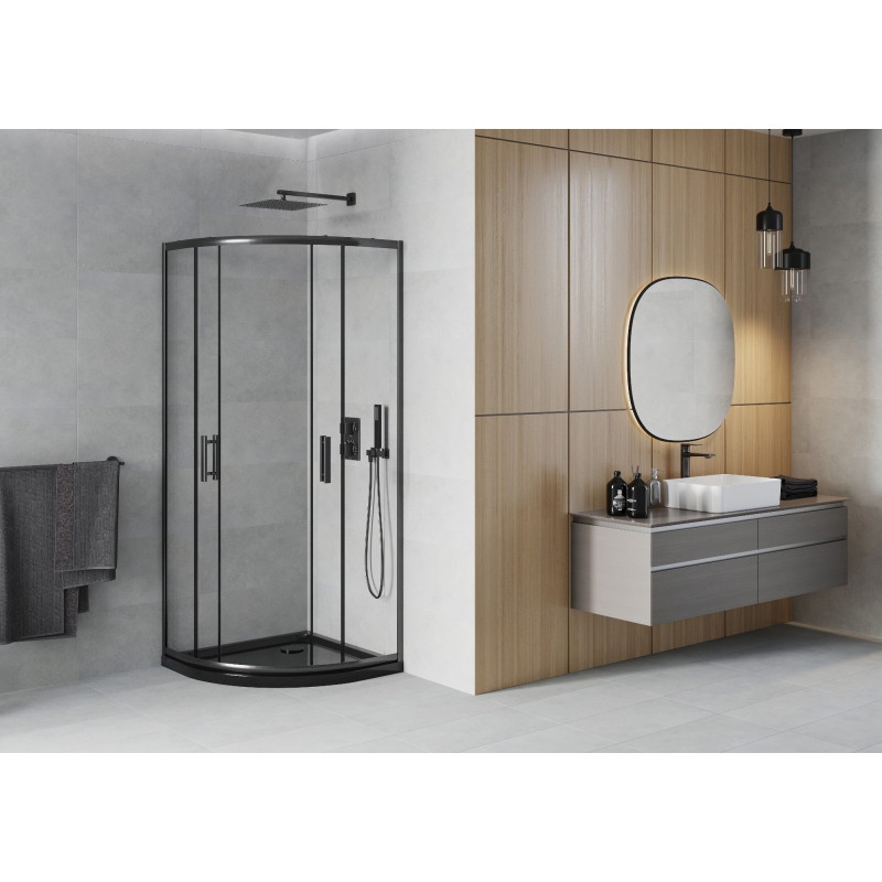 Mexen Rio semi-circular shower cabin 80 x 80 cm, transparent, black + Flat shower tray, black - 863-080-080-70-00-4170B