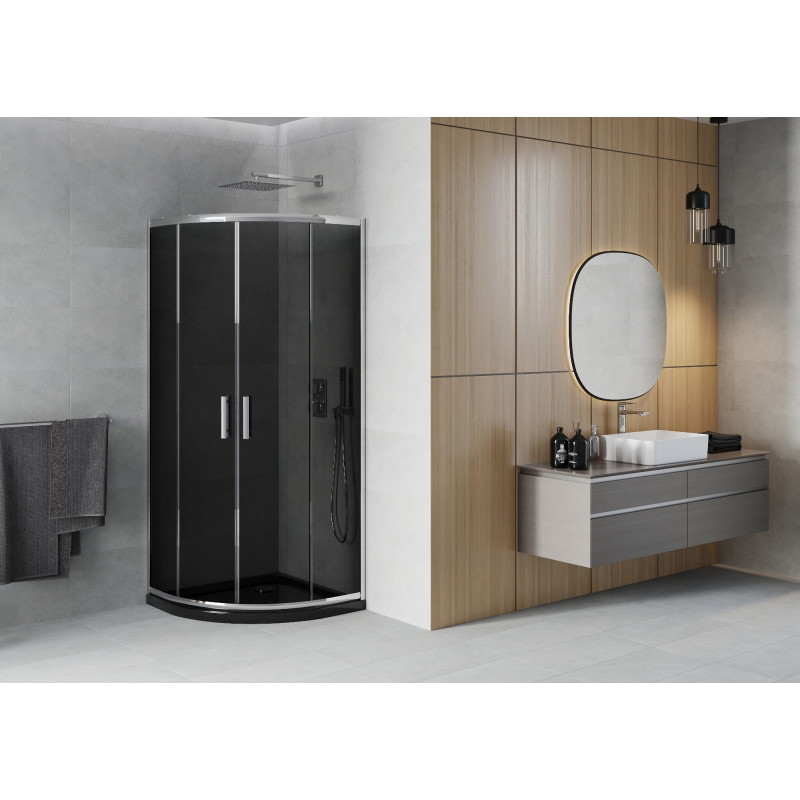 Mexen Rio 90 x 90 cm semicircular shower cabin, graphite, chrome + Flat tray, black - 863-090-090-01-40-4170