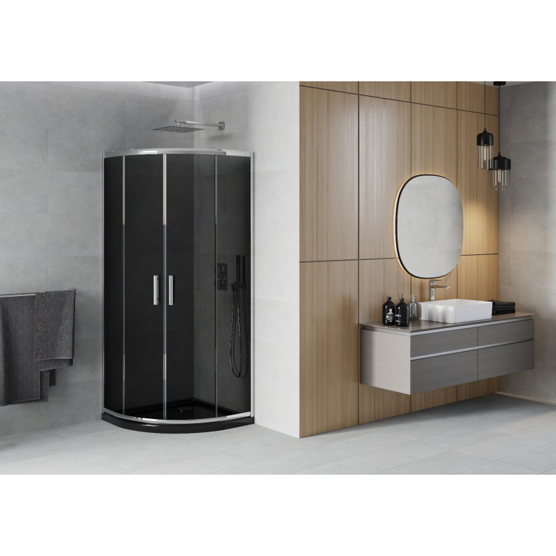 Mexen Rio polkrožna tuš kabina 90 x 90 cm, grafit, kromirana + tuš kad Flat, črna - 863-090-090-01-40-4170