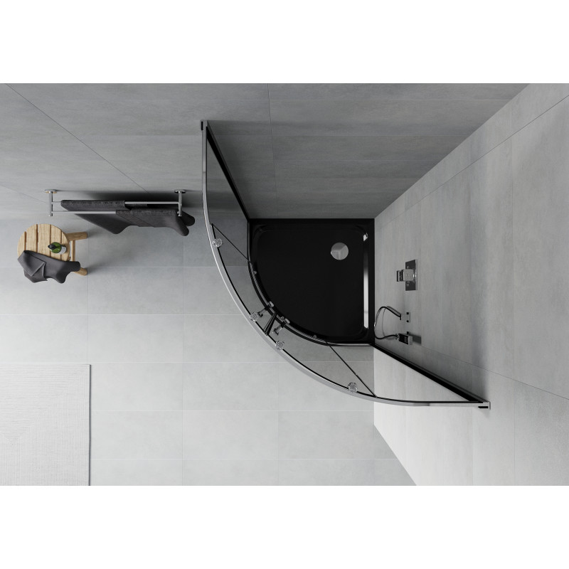 Mexen Rio Halbrunde Duschkabine 80 x 80 cm, Graphit, Chrom + Flat Duschwanne, Schwarz - 863-080-080-01-40-4170