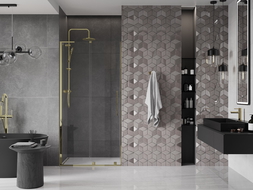 Mexen Velar L douchedeur schuifbaar 90 cm, transparant, goud - 871-090-003-01-50