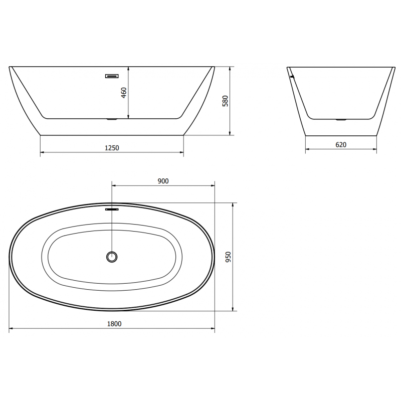 Mexen Eris banheira independente 180 x 95 cm, branco/preto, transbordamento dourado escovado - 53441809575-55