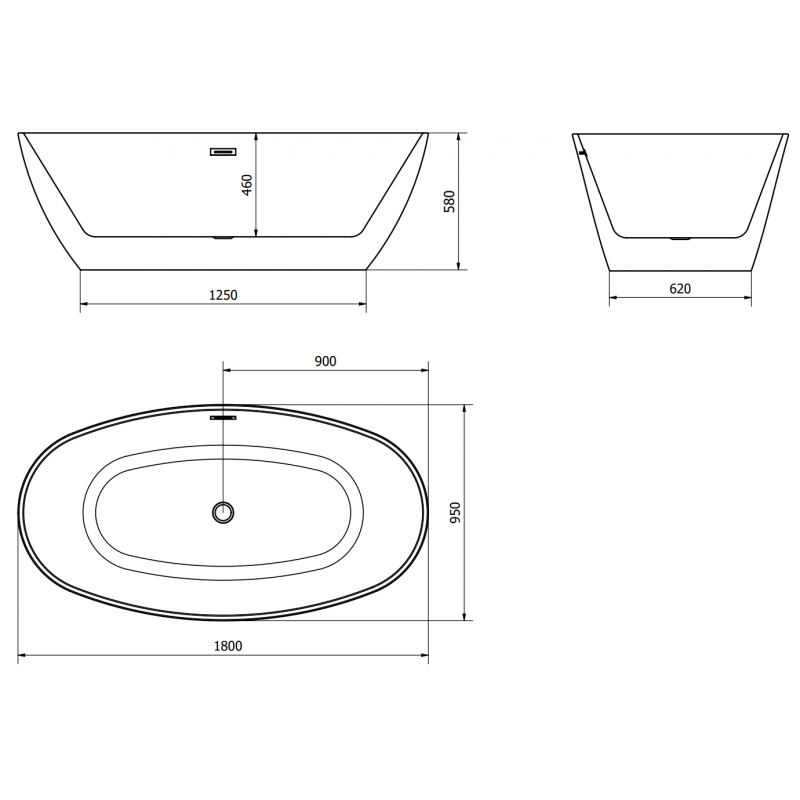 Mexen Eris banheira independente 180 x 95 cm, branco/preto, transbordamento níquel escovado - 53441809575-97