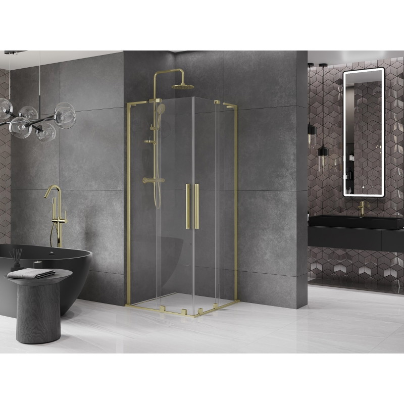 Mexen Velar L Duo klizna tuš kabina na izvlačenje 100 x 100 cm, prozirna, četkano zlatna - 871-100-100-02-03-55