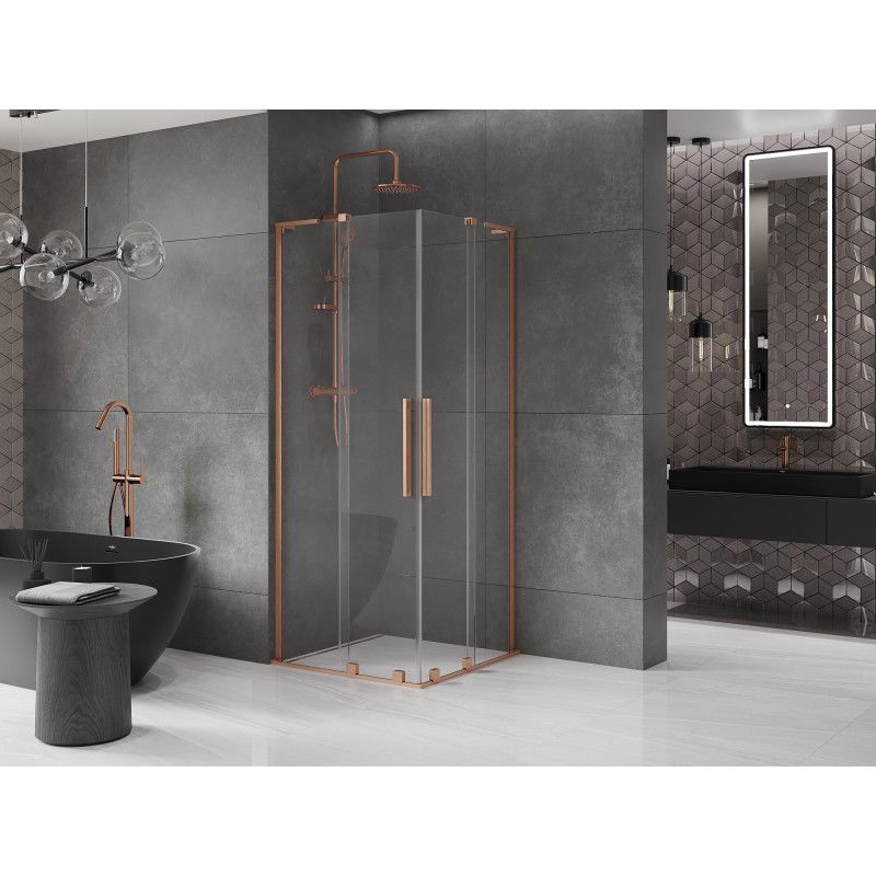 Mexen Velar L Duo cabina doccia scorrevole 90 x 90 cm, trasparente, rame spazzolato - 871-090-090-02-03-65
