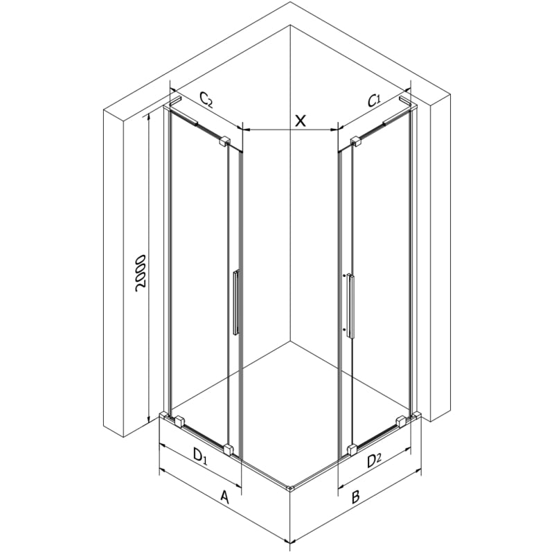 Mexen Velar L Duo dušikabiin, lükanduks 80 x 80 cm, läbipaistev, must - 871-080-080-02-03-70