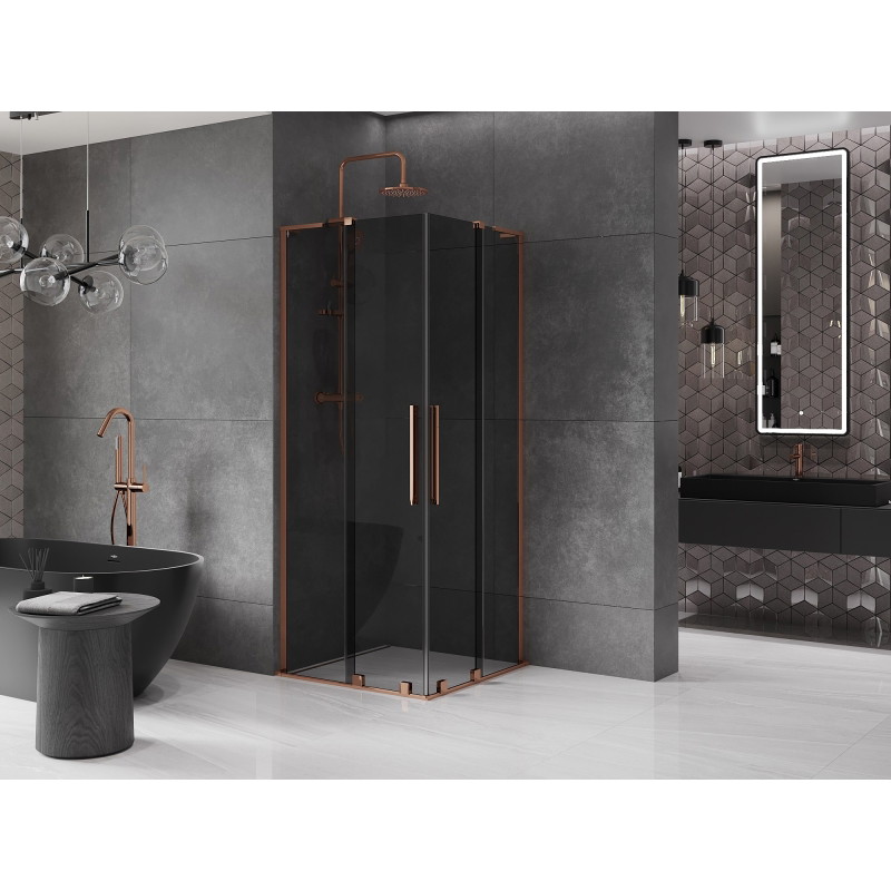 Mexen Velar L Duo klizni tuš kabina s kliznim vratima 80 x 80 cm, grafit, ružičasto zlato - 871-080-080-02-43-60