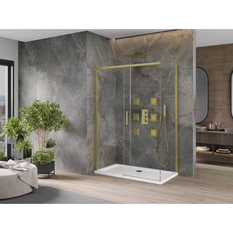 Mexen Omega cabine de douche coulissante 130 x 70 cm, transparente, or + receveur Flat - 825-130-070-50-00-4010