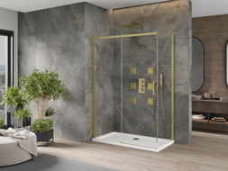 Mexen Omega klizni paravan na razvlačenje 130 x 70 cm, proziran, zlatni + plitki tuš - 825-130-070-50-00-4010